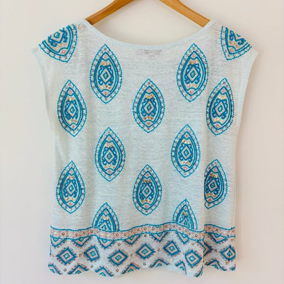 Calypso St. Barth Blue Beaded Embellished Diamond Linen Top Boat Neck Size S - Picture 5 of 8